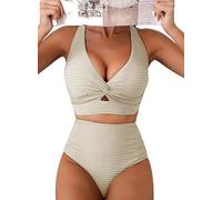 Hanaoops Women's Bikini Sets Textured Swimwear Push Up High Waisted Two Piece Swimsuits Sexy Twist Front Bikini Top Ruched Tummy Control Bottom Bathing Suits Summer Beach Wear Set Beige