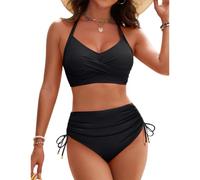Hanaoops Women's Bikini Sets Twist Front Halter V Neck Push Up Bikini Tops & High-Waisted Bikini Thong Bow Tie Back Sexy Swimsuits 2 Piece Side Bottom Drawstring Beach Swimwear Ladies Bathing Suits