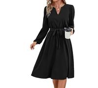 Hanaoops Women's Black V-Neck Dress - Long Sleeve Midi A-Line - Casual & Elegant - S/M/L/XL - Spring/Autumn