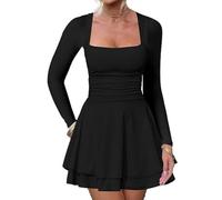 Hanaoops Womens Bodycon Mini Dress Square Neck Long Sleeve A-Line Flare Hem Short Dresses Sexy Party Club Ruched Wrap Dress Going Out Casual Dresses Y2k Clubwear