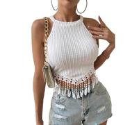 Hanaoops Women's Camisole Sexy Halter Neck Crop Tops Sleeveless Slim Fit Tank Tops Summer Vests Tassel Cami Top Y2K Streetwear Clubwear Party Holiday Going Out T-Shirt White