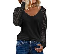 Hanaoops Womens Casual Long Sleeve Top Ladies Comfy Striped Soft Tunics T Shirt Solid Color Elegant V-neck Essentials Blouse Tops Black XL