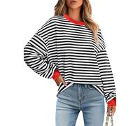 Hanaoops Women's Crewneck Sweatshirt Oversized Striped Color Block Tops Soft Lightweight Long Sleeve Pullover Jumpers Casual Loose Y2K Shirt Fashion Going Out Blouse for Ladies Black