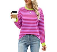 Hanaoops Women's Crewneck Sweatshirt Oversized Striped Color Block Tops Soft Lightweight Long Sleeve Pullover Jumpers Casual Loose Y2K Shirt Fashion Going Out Blouse for Ladies Pink