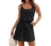 Hanaoops Womens Hollow Out Swimsuit Cover Up Hollow Back Spaghetti Strap Beach Coverup Summer Boho Eyelet Mini Dress Sexy Sleeveless U Neck Tie Waist Beach Dresses Swimwear Black