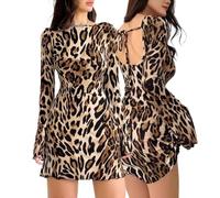 Hanaoops Women's Leopard Print Long Sleeve Mini Dress - Sexy Backless A Line Bodycon with Crew Neck for Party Club