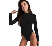 Hanaoops Women's Long Sleeve Bodysuit High neck zip Basic T Shirts Slim Fitted Solid Leotards Casual Soft Thong Top Fashion Streetwear black l