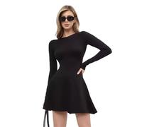 Hanaoops Womens Long Sleeve Dress Crew Neck Bodycon Swing Dresses Plain Tunic Jersey Flared Dress Casual Party Mini Dresses Knee Length Black