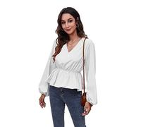 Hanaoops Women's Long Sleeve Elegant Blouse Ladies Casual Waisted Sexy V-Neck Tops Lantern Sleeve Office Chiffon Shirt White l