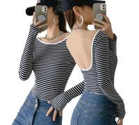 Hanaoops Women's Long Sleeve Jumper Tops Striped Knit Jumpers Sexy Backless Crew Neck Pullover Slim Fit Warm Knitted Sweater T-Shirts Casual Lightweight Ribbed Knit Pull Over for Autumn Winter Blue