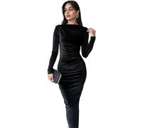 Hanaoops Womens Long Sleeves Dress Bodycon Velvet Wrap Ruched Maxi Dresses Slim Fit Evening Cocktail Party Dresses for Women Wedding Guest Long Dress Black