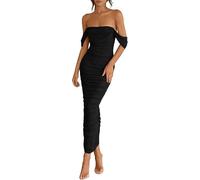 Hanaoops Women's Maxi Dress Bodycon Ruched Off The Shoulder Long Dresses Sexy Sleeveless Split Fitted Tight Dresses Summer Elegant Party Evening Cocktail Dress Black