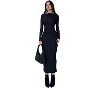 Hanaoops Women's Maxi Dress Sexy Lounge Long Dresses Bodycon Long Sleeve Dresses Elegant Wrap Hip Dress Y2k Slim Fit Ruched Clubwear Pencil Long Dress for Ladies Nightclub Party Black