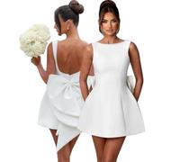 Hanaoops Womens Mini Dress Sexy Backless Round Neck A Line Dress Bodycon Sleeveless Pearl Tank Dresses with Bow Simple Tunic Short Wedding Dress for Bride Prom Homecoming Party Club Dresses White