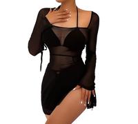 Hanaoops Women's Sexy Mesh Sheer Swimsuit Cover Ups Long Sleeve See Through Bodycon Mini Dress Split Hem Short Pencil Party Dress Clubwear Summer Black Transparent Bikini Cover Up Dresses