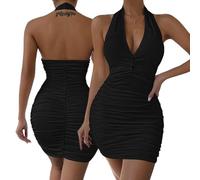 Hanaoops Womens Sexy Mini Dress Deep V Neck Ruched Halter Bodycon Dresses Sleeveless Backless Short Dress Summer Party Night Out Club Tank Dresses Black