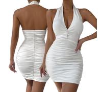 Hanaoops Womens Sexy Mini Dress Deep V Neck Ruched Halter Bodycon Dresses Sleeveless Backless Short Dress Summer Party Night Out Club Tank Dresses White