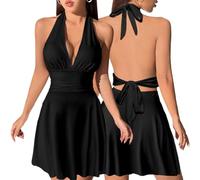 Hanaoops Womens Sexy Mini Dress Deep V Neck Ruched Halter Bodycon Dresses Sleeveless Summer Tank Dress Party Night Out Backless Tie Up Short Dresses Clubwear Black