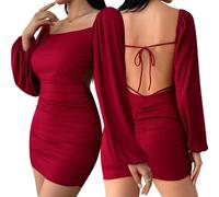 Hanaoops Women's Sexy Mini Dress Long Sleeve Square Neck Party Dress Bodycon Backless Ruched Dresses Wrap Tie Slim Fit Short Dresses for Cocktail Party Night Out Clubwear Outfit Red