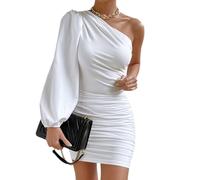 Hanaoops Womens Sexy Mini Dress One Shoulder Long Sleeve Ruched Bodycon Short Dresses Off Shoulder Slim Fit Wrap Dress Y2K Going Out Tight Dresses Night Out Party Cocktails Clubwear