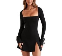 Hanaoops Women's Sexy Mini Dress Square Neck Long Sleeve Bodycon Dresses High Waist Side Slit Short Dress Slim Fit A Line Flare Wrap Tie Dresses for Party Club Cocktail Streetwear Outfit Black