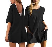 Hanaoops Women's Short Jumpsuits Summer Casual Oversized Rompers Half Sleeve Crew Neck Loose T-Shirt Playsuits with Pockets Ladies Trendy Short Romper for Athletic Workout (Black, L)