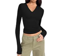 Hanaoops Women's Slim Fit Crop Tops Casual Long Sleeve V Neck Tight T-Shirt Y2K Basic Blouse Skim Dupe Tee Top Fashion Going Out Club Party Streetwear for Ladies Girls Black