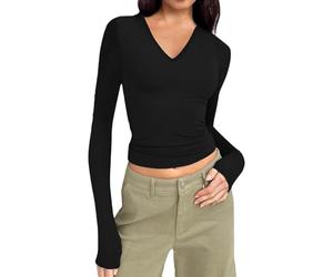 Hanaoops Women's Slim Fit Crop Tops Casual Long Sleeve V Neck Tight T-Shirt Y2K Basic Blouse Skim Dupe Tee Top Fashion Going Out Club Party Streetwear for Ladies Girls Black