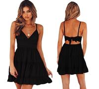 Hanaoops Womens Summer Dress Spaghetti Strap Lace V Neck Boho Mini Dress Sleeveless Casual Beach Dress Tie Back Hollow Swing Sundress for Party Vacation Black