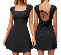 Hanaoops Women's Summer Dresses Short Sleeve Bodycon A-Line Mini Dress Square Neck Tie Knot Back Sundress Going Out Outfits Streetwear