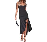 Hanaoops Women's Summer Maxi Dress Sleeveless Spaghetti Strap Long Dress Sexy Square Neck Backless Sling Dress Ruffle Trim Split Thigh Bodycon Dresses for Club Cocktail Party