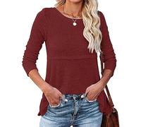 Hanaoops Womens Sweatshirt Casual Long Sleeve T Shirt Loose Round Neck Blouses Ladies Patchwork Cutout Trendy Tunic Tops Burgundy XL