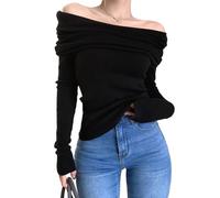 Hanaoops Women's Tops Off Shoulder Long Sleeve Tight T-Shirt Y2K Tunic Knit Pullover Sweater Casual Solid Color Jumper Basic Blouse Going Out Crop Clothes for Ladies Girls Black