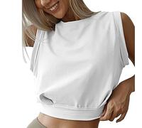 Hanaoops Workout Tank Tops for Women Cotton Summer Gym Sleeveless Vest Tops Elastic Running Crop Top Loose Crew Neck Yoga Shirt White
