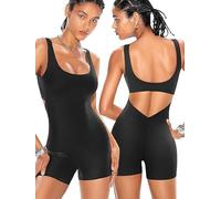 Hanaoops Yoga Jumpsuit for Women Sleeveless Short Rompers Backless Unitard Bodycon Playsuits Sexy U Neck Seamless All In One Jumpsuits Stretch Slim Fit Sport Fitness Bodysuit Romper