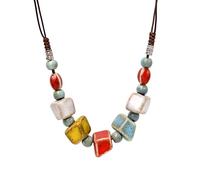 Hanary Bohemian Colorful Ceramic Geometric Bead Strand Necklace, Summer Boho Statement Vintage Jewelry Gift for Women