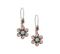 Hanary Boho Created Turquoise Beaded Antique Copper Tone Floral Flower Dangle Drop Earrings, Vintage Western Tribal Festival Jewelry Gift for Women