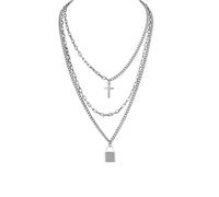 Hanary Goth Silver Layered Cross Lock Necklace, Gothic Emo Punk Grunge Necklace, Gothic Jewelry, Christmas Jewelry Gift