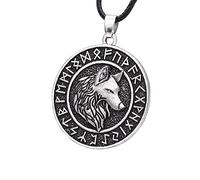 Hanary Viking Wolf Necklace, Ancient Runes Medallion with Fenrir Wolf Head Pendant, Viking Jewelry Gift