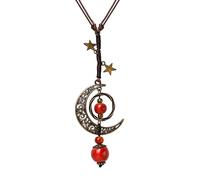 Hanary Vintage Red Bohemian Hippie Ceramic Beads Crescent Moon Lariat Necklace, Boho Hippie Statement Jewelry Gift for Women