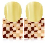 Hanavigar 70s 80s Vintage Acrylic Checkerboard Stripe Dangle Drop Earrings Frosted Gold Square Circle Stud Earrings For Women