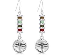 Hanavigar Boho Vintage Silver Dragonfly Dangle Drop Earrings Colorful Beaded Round Disc Hook Earring For Women, L, Metal, No Gemstone