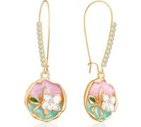 Hanavigar Handmade 14K Gold Enamel Flower Sparkling Crystal Leverback Earrings Round Disc Dangle Drop Earrings for Women, Groß, Metal, Rhinestone