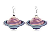 Hanavigar Handmade Lightweight Wooden Flying UFO Earrings Cute Bohemian Natural Wood Planet Shaped Dangle Drop Earring Astronaut Novelty Hook Earring for Women, Wood, No Gemstone