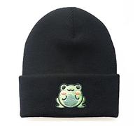 HANBOLI Knitted Hat, Simple Fashion Knitted Hat Curl Edge Hat Personality Knitted Hat Cute Cartoon Frog Embroidery Hat Autumn Winter Unisex Black