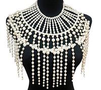 HANBOLI Women Necklace, Exaggerated Layered Jewelry Shoulder Body Chain Harness Pearl Beaded Fringed Tassel Bib Choker Necklace Fake Collar