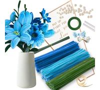 HanCheng Blue Pipe Cleaner Set with 150 Pipe Cleaners Colorful in 3 Colors(Dark Blue,Light Blue,Green,8 Green Florist Wire,40 Pearls,40 Corolla,Florist Tape,Craft Glue,Flower Cellophane Bag,Ribbon