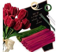 HanCheng Rose Pipe Cleaner Set with 150 Pcs Pipe Cleaners Colourful in 2 Colours（Burgundy,Leaf Green,8 Pcs Green Florist Wire,Florist Tape,Flower Cellophane Bag,Ribbon