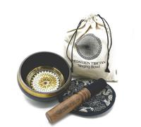 Hand Beaten & Engraved Singing Bowl Gift Set 14Cm Round Medallions Gol