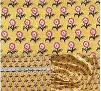 Hand Block Printed Brown 100% Cotton Fabric by The Yard Precut 42 Inch Width-Premium Fabric for Sewing Supplies Upholstery Fabric Quilting Supplies (Blockchain Gold Floral Print, 5 Yard Pre Cut)